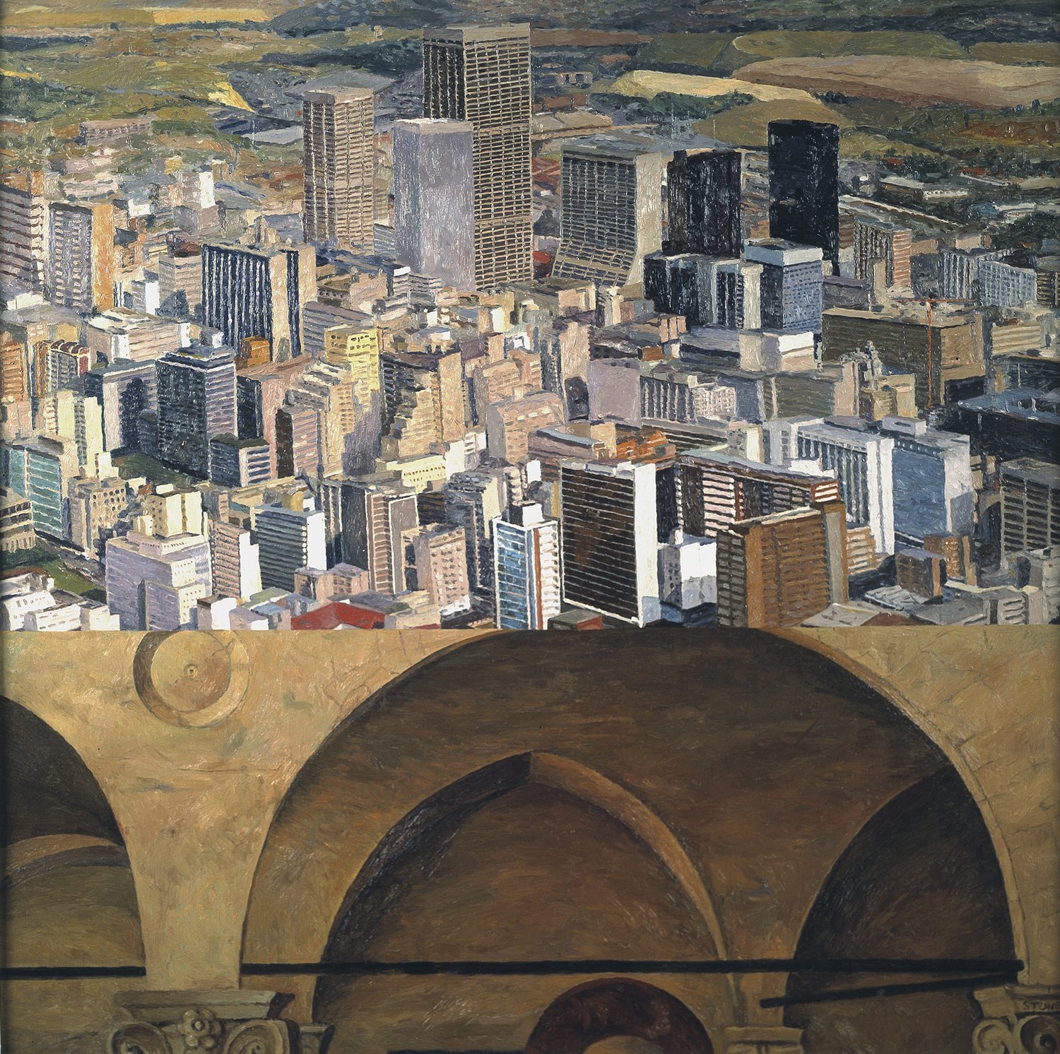 Joburg Split with Fra Angelico 1981, Oil on Zinc, 91.5 x 91.5 cm