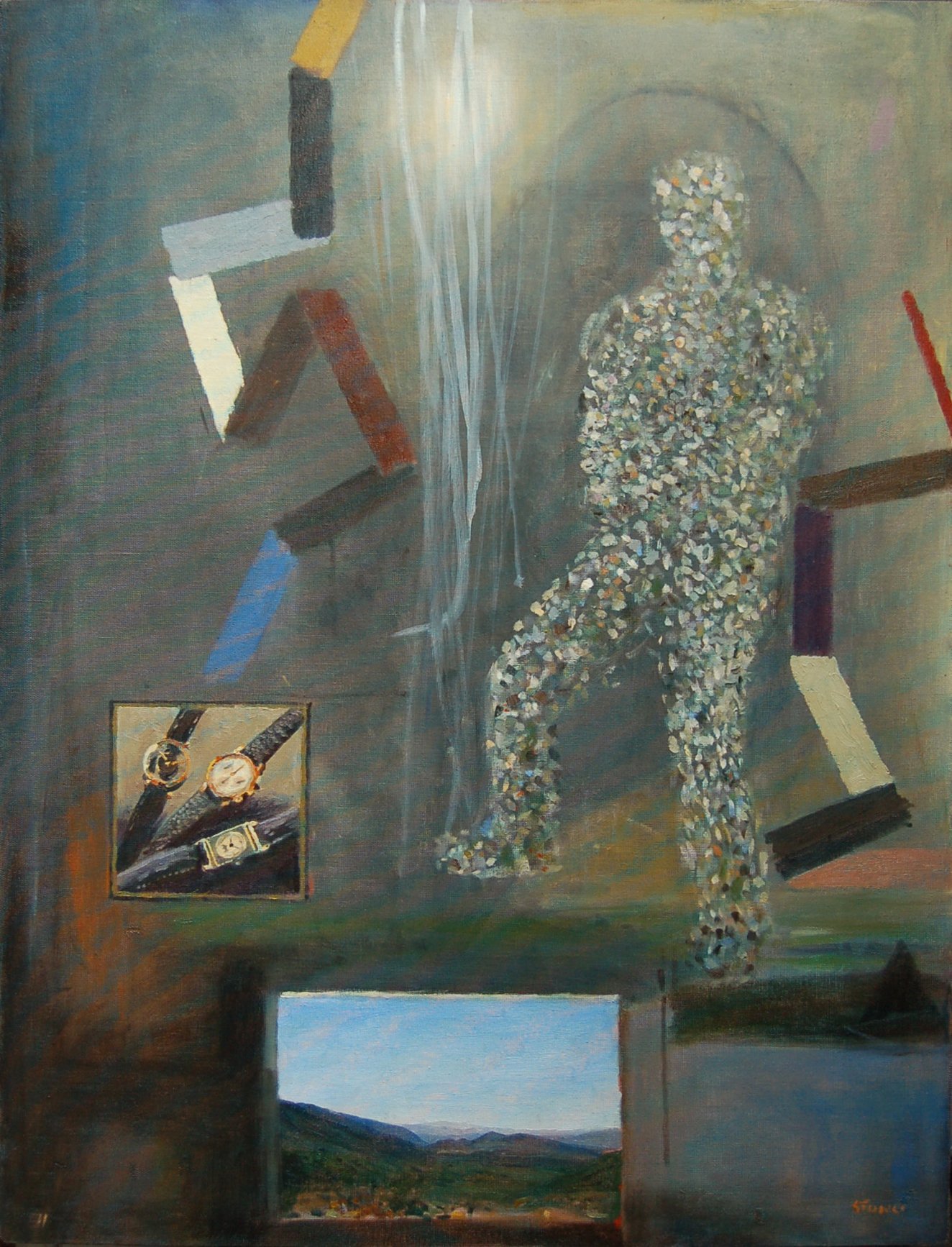 Dot Man and Watches 2011, Oil on Canvas Board, 100 x 78 cm
