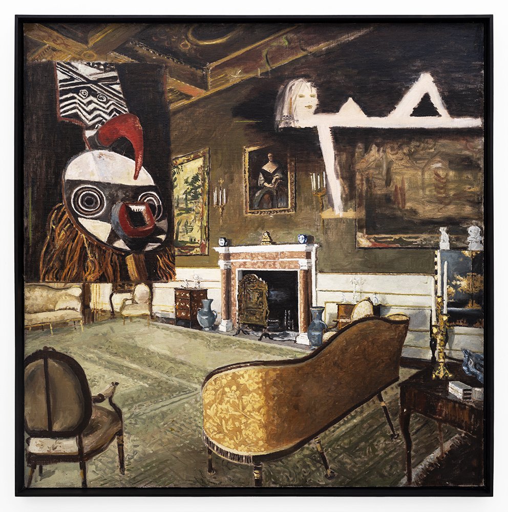 Interior with Mask (framed) 2019, Encaustic on Board, 111 x 111 cm