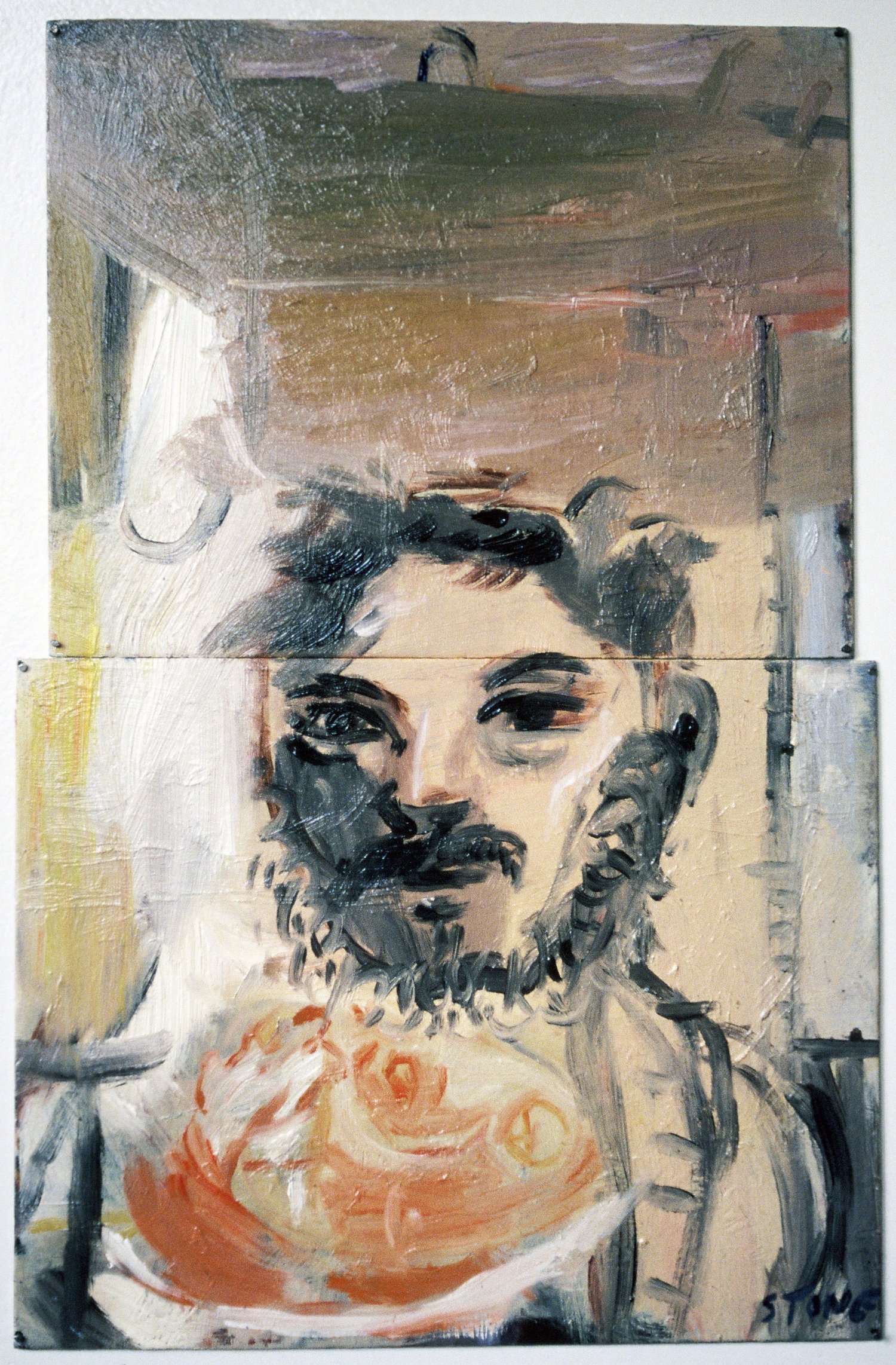 Man with Girl in his Throat 1985, Oil on Zinc, 32 x 21 cm