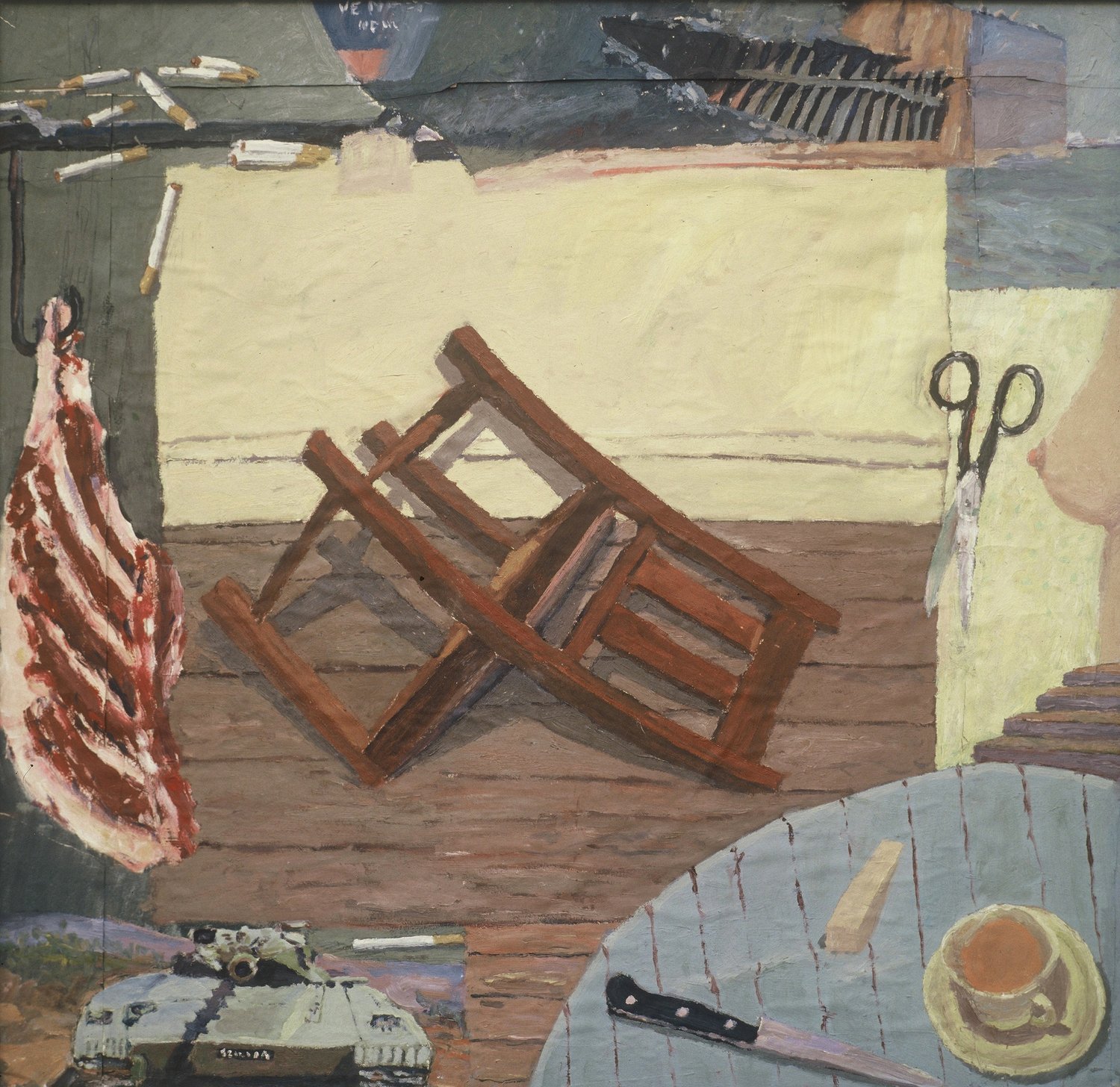 Overturned Chair 1977, Oil on Cardboard, 78 x 78 cm