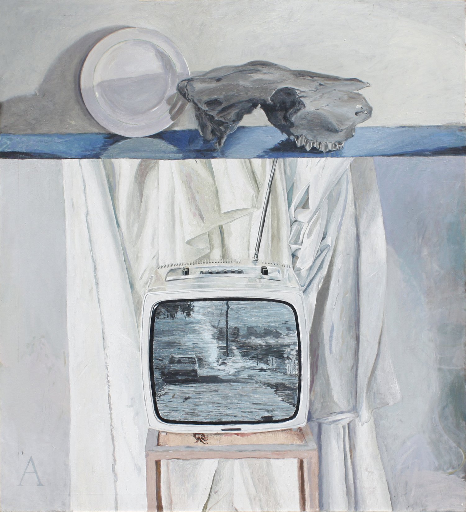 Still Life with TV and Skull 1982, Oil on Canvas, 100 x 89 cm