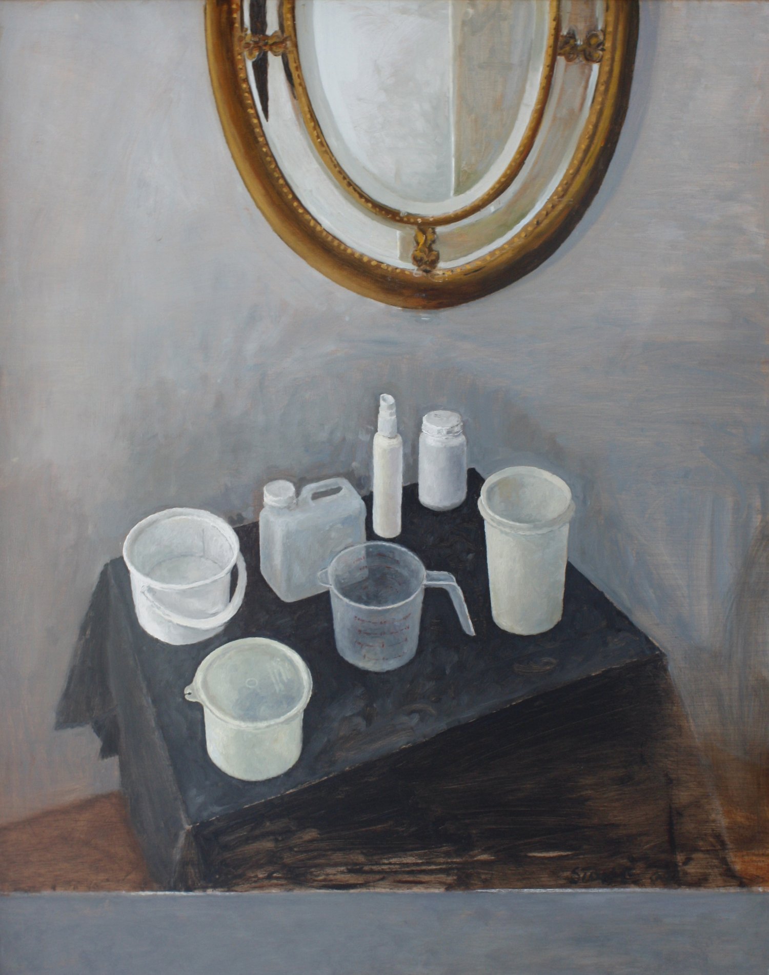 Still Life with Tupperware and Mirror 2006, Oil on Cardboard, 100 x 78 cm
